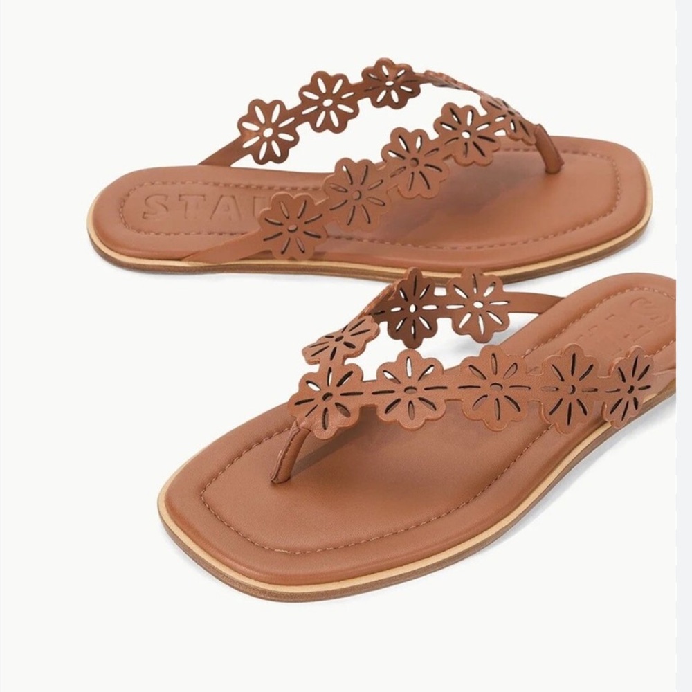 New STAUD Dante Cognac Brown Floral Leather Sandals